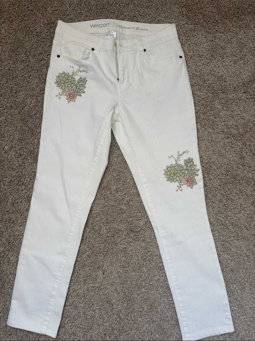 Westport Cream Skinny Jeans with Succulent Embroidery